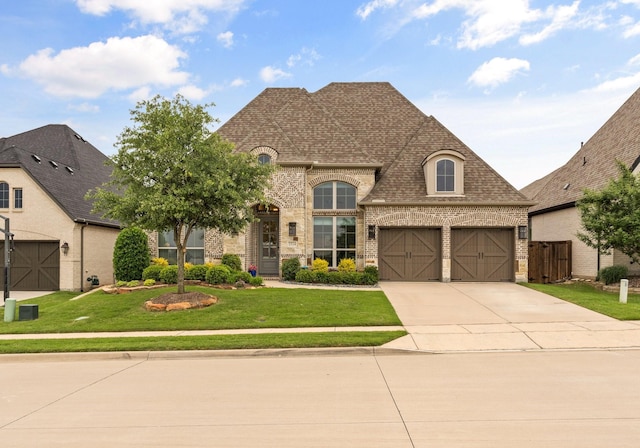 2524 Rosecroft Ct, Celina, TX 75009 - french country inspired facade with brick siding, a front lawn, driveway, a garage, and roof with shingles