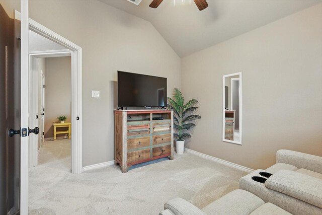 2134 Sagewood Dr, Weatherford, TX 76087 - carpeted living room with vaulted ceiling, ceiling fan, and baseboards