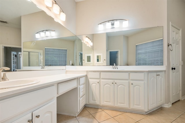 2713 Pasadena Pl, Flower Mound, TX 75022 - bathroom with tile patterned flooring, a shower stall, and vanity