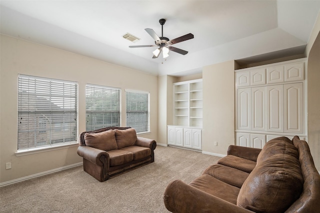 2713 Pasadena Pl, Flower Mound, TX 75022 - living area featuring ceiling fan, baseboards, light carpet, and built in features