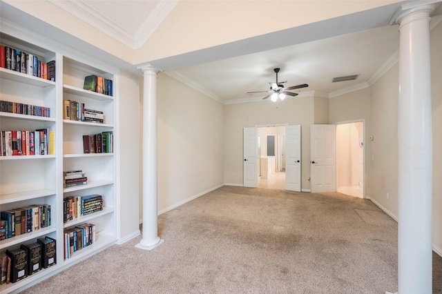 2713 Pasadena Pl, Flower Mound, TX 75022 - carpeted empty room with decorative columns, a ceiling fan, ornamental molding, and baseboards