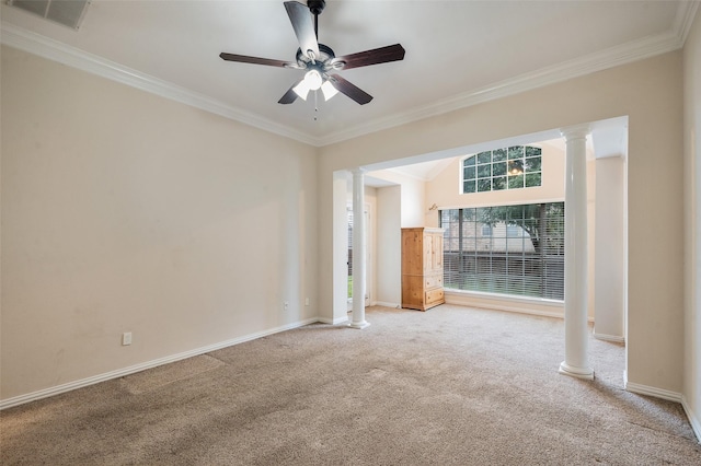 2713 Pasadena Pl, Flower Mound, TX 75022 - carpeted spare room featuring crown molding, baseboards, ceiling fan, and decorative columns