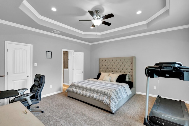 306 N Pendell Ave, Cleburne, TX 76033 - carpeted bedroom featuring a raised ceiling, crown molding, baseboards, recessed lighting, and ceiling fan