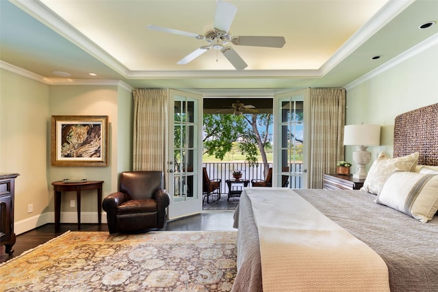 303 Steeplechase Dr, Irving, TX 75062 - bedroom with a raised ceiling, access to exterior, crown molding, dark wood-type flooring, and a ceiling fan