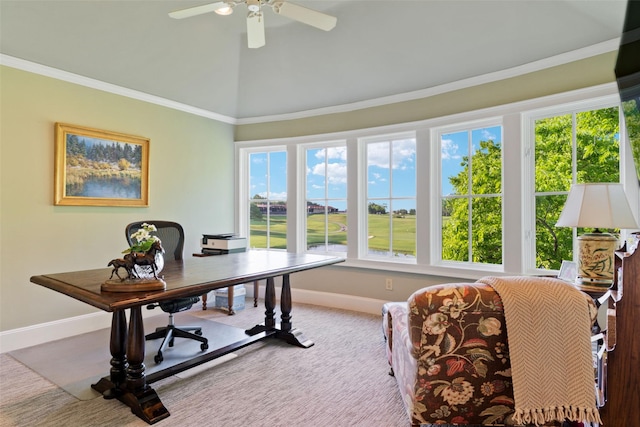 303 Steeplechase Dr, Irving, TX 75062 - carpeted office space featuring baseboards, ceiling fan, ornamental molding, and lofted ceiling