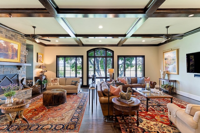 303 Steeplechase Dr, Irving, TX 75062 - living area featuring ceiling fan, coffered ceiling, dark wood-type flooring, beamed ceiling, and recessed lighting