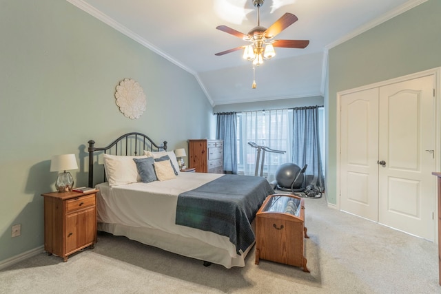 5428 Lake Powell Dr, Fort Worth, TX 76137 - bedroom with lofted ceiling, crown molding, light colored carpet, baseboards, and ceiling fan