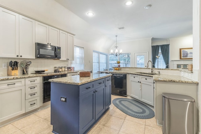 5428 Lake Powell Dr, Fort Worth, TX 76137 - kitchen featuring black appliances, a sink, tasteful backsplash, a chandelier, and light tile patterned floors