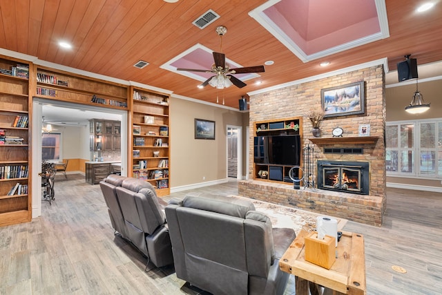 10080 Arvin Hill Rd, Aubrey, TX 76227 - living room with wooden ceiling, crown molding, baseboards, recessed lighting, and ceiling fan