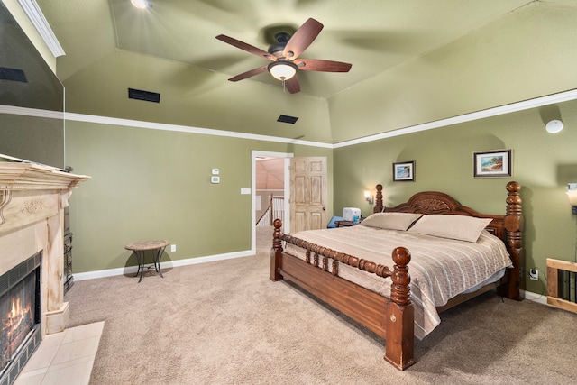 10080 Arvin Hill Rd, Aubrey, TX 76227 - carpeted bedroom featuring a fireplace, baseboards, ceiling fan, and high vaulted ceiling