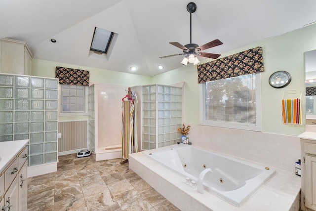 10080 Arvin Hill Rd, Aubrey, TX 76227 - full bath featuring lofted ceiling, vanity, ceiling fan, a tub with jets, and a walk in shower