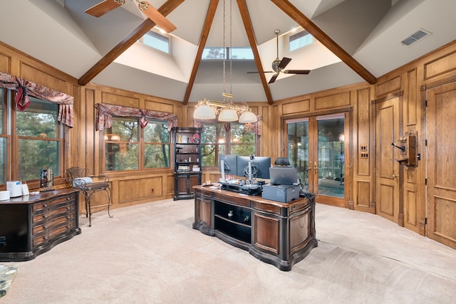 10080 Arvin Hill Rd, Aubrey, TX 76227 - office featuring a ceiling fan, light carpet, wood walls, and high vaulted ceiling