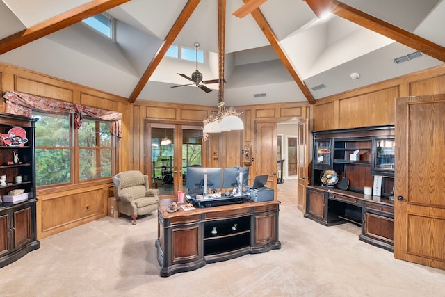 10080 Arvin Hill Rd, Aubrey, TX 76227 - office area with french doors, a ceiling fan, light carpet, wooden walls, and high vaulted ceiling