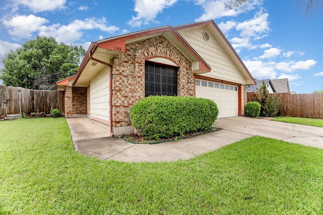 ranch-style house featuring driveway, brick siding, and a garage