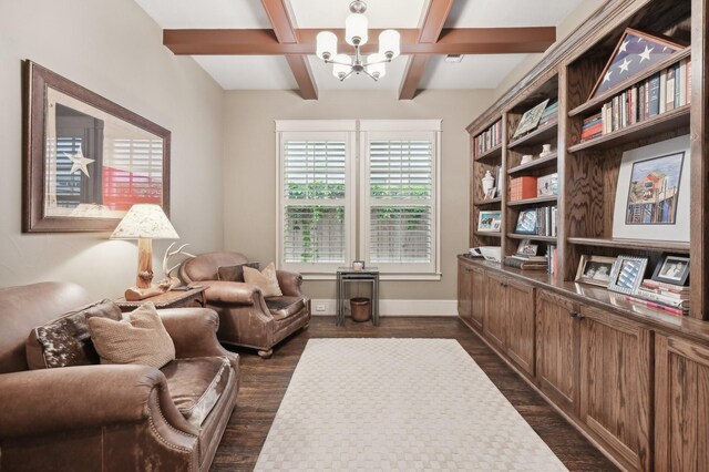 3728 Stanford Ave, University Park, TX 75225 - living area featuring a chandelier, coffered ceiling, beamed ceiling, dark wood-type flooring, and baseboards