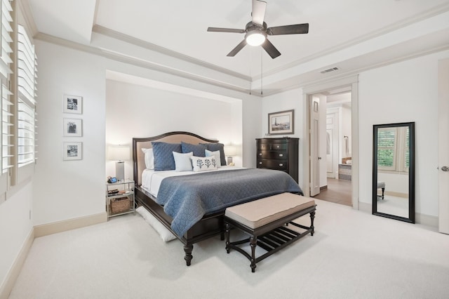 3728 Stanford Ave, University Park, TX 75225 - carpeted bedroom with a raised ceiling, ornamental molding, baseboards, and ceiling fan