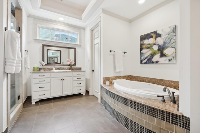 3728 Stanford Ave, University Park, TX 75225 - bathroom with crown molding, a shower stall, vanity, tile patterned flooring, and a bath