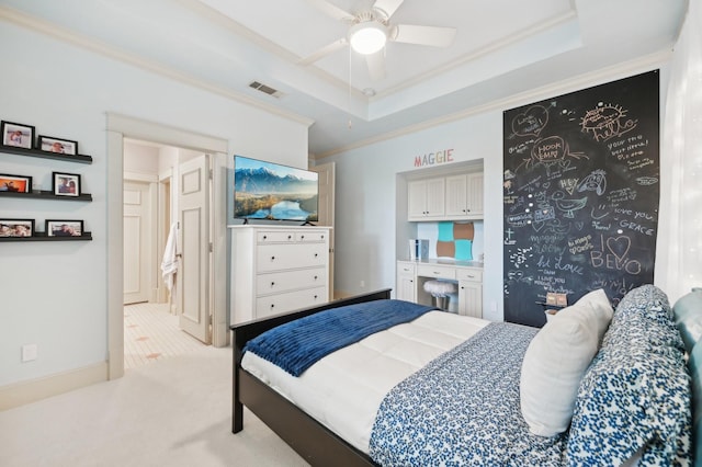 3728 Stanford Ave, University Park, TX 75225 - bedroom featuring crown molding, carpet floors, a tray ceiling, and a ceiling fan
