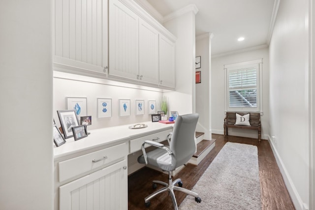 3728 Stanford Ave, University Park, TX 75225 - office with built in study area, crown molding, dark wood-style floors, baseboards, and recessed lighting