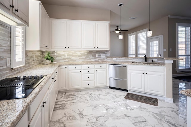 3704 Southport Dr, Plano, TX 75025 - kitchen with dishwasher, a sink, light marble finish flooring, ceiling fan, and a peninsula