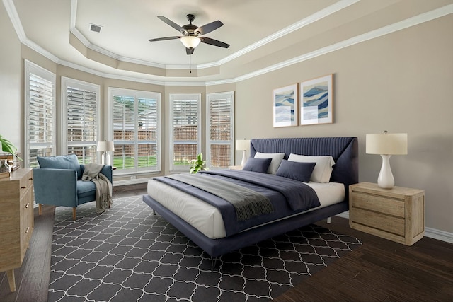 3704 Southport Dr, Plano, TX 75025 - bedroom featuring crown molding, dark wood-style floors, multiple windows, a tray ceiling, and baseboards