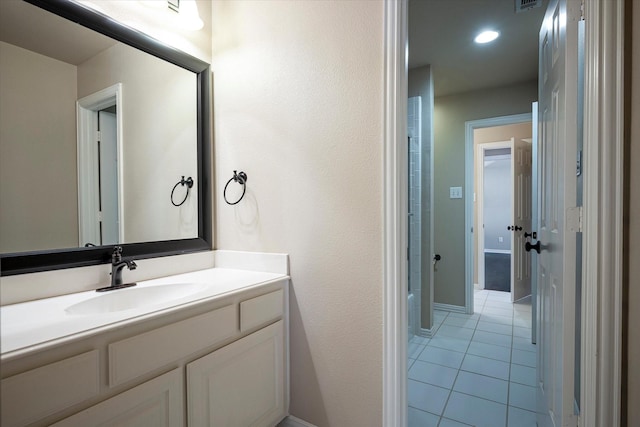 3704 Southport Dr, Plano, TX 75025 - full bath featuring tile patterned floors, vanity, a tub to relax in, recessed lighting, and a shower