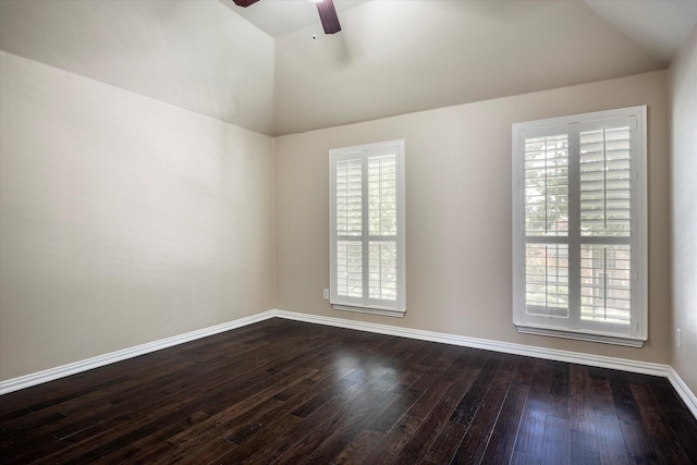 3704 Southport Dr, Plano, TX 75025 - unfurnished room featuring vaulted ceiling, ceiling fan, dark wood-style floors, and baseboards