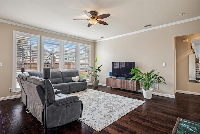 3704 Southport Dr, Plano, TX 75025 - living room with a ceiling fan, wood finished floors, ornamental molding, and baseboards