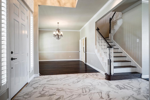 3704 Southport Dr, Plano, TX 75025 - entrance foyer with stairway, a chandelier, marble look tiles, ornamental molding, and baseboards