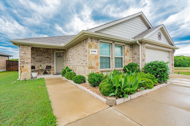 2308 Bellewood Ct, Crandall, TX 75114 - ranch-style house with an attached garage, concrete driveway, a shingled roof, and brick siding