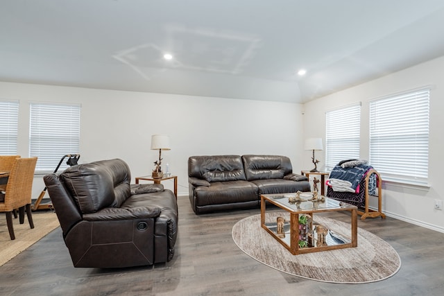 2308 Bellewood Ct, Crandall, TX 75114 - living area featuring wood finished floors, baseboards, vaulted ceiling, and recessed lighting