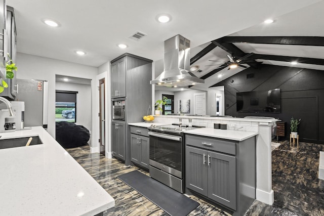 2512 Bennett Ave, Sherman, TX 75090 - kitchen featuring gray cabinetry, stainless steel range with electric cooktop, island range hood, a peninsula, and a sink