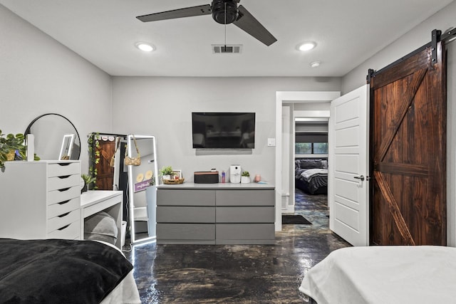 2512 Bennett Ave, Sherman, TX 75090 - bedroom featuring a barn door, finished concrete floors, a ceiling fan, and recessed lighting