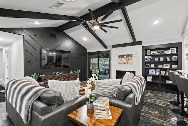 2512 Bennett Ave, Sherman, TX 75090 - living room featuring ceiling fan, built in shelves, a high end fireplace, and recessed lighting