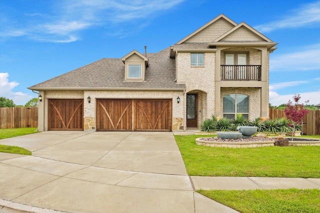 2643 Perdenales Dr, Royse City, TX 75189 - view of front facade with a balcony, a garage, roof with shingles, driveway, and brick siding