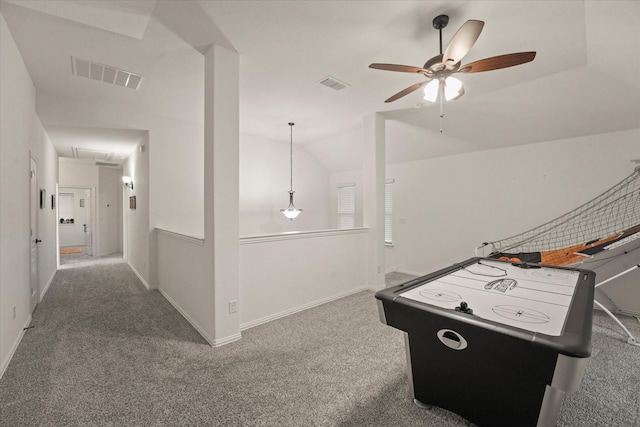 2643 Perdenales Dr, Royse City, TX 75189 - playroom with ceiling fan, attic access, carpet flooring, lofted ceiling, and baseboards