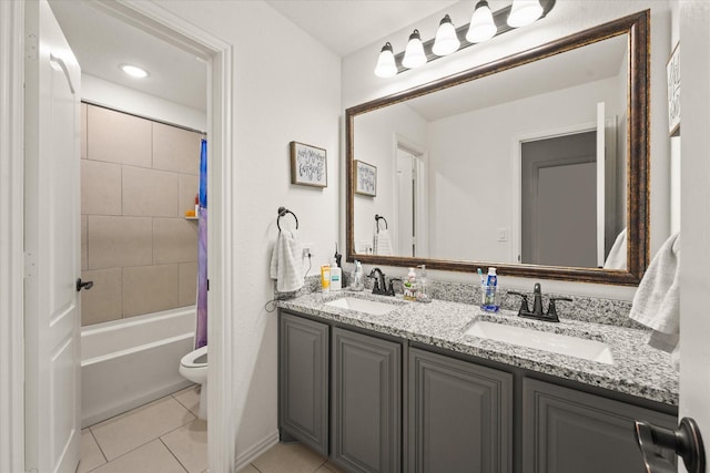 2643 Perdenales Dr, Royse City, TX 75189 - full bathroom featuring tile patterned floors, toilet, double vanity, and shower / bath combination with curtain