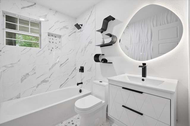 full bath featuring toilet, vanity, and shower / tub combination