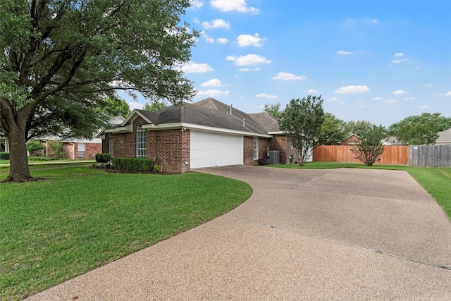 view of front facade with brick siding, concrete driveway, a garage, and central AC unit