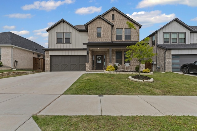 craftsman-style house with brick siding, board and batten siding, driveway, an attached garage, and a front yard