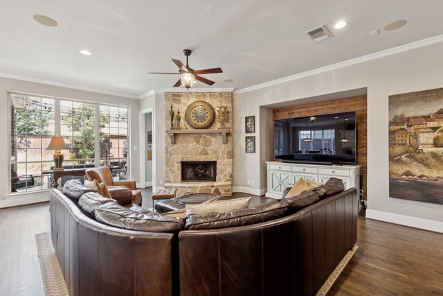 850 Long Valley Ct, Prosper, TX 75078 - living room featuring a ceiling fan, crown molding, wood finished floors, baseboards, and a fireplace