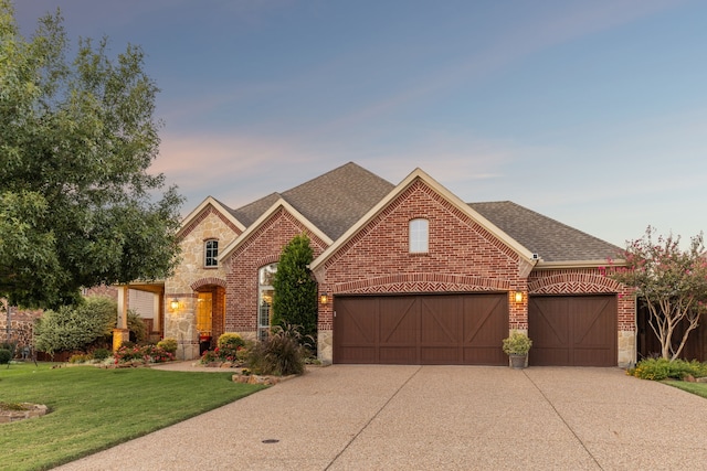 850 Long Valley Ct, Prosper, TX 75078 - french country home featuring brick siding, stone siding, a garage, and driveway