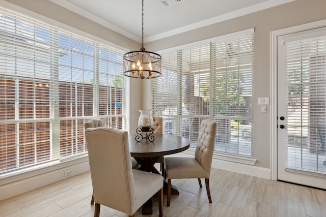 850 Long Valley Ct, Prosper, TX 75078 - dining room with a chandelier, healthy amount of natural light, crown molding, and baseboards