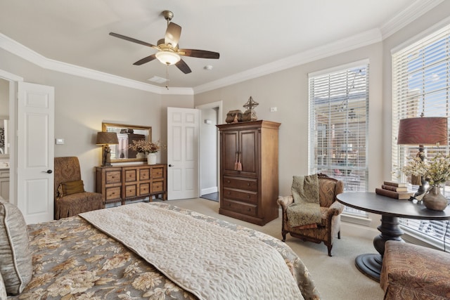 850 Long Valley Ct, Prosper, TX 75078 - bedroom with light carpet, crown molding, and a ceiling fan
