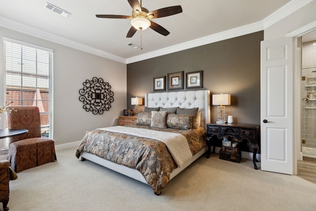 850 Long Valley Ct, Prosper, TX 75078 - bedroom featuring light carpet, crown molding, baseboards, and ceiling fan