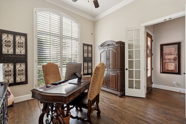 850 Long Valley Ct, Prosper, TX 75078 - office featuring a ceiling fan, ornamental molding, baseboards, and dark wood-style flooring
