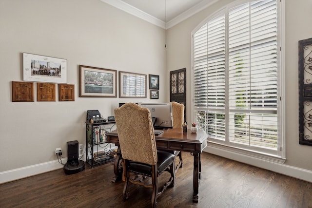 850 Long Valley Ct, Prosper, TX 75078 - office featuring crown molding, plenty of natural light, baseboards, and wood finished floors