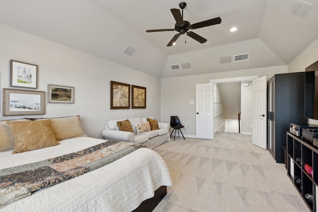 850 Long Valley Ct, Prosper, TX 75078 - bedroom with lofted ceiling, light colored carpet, baseboards, ceiling fan, and recessed lighting