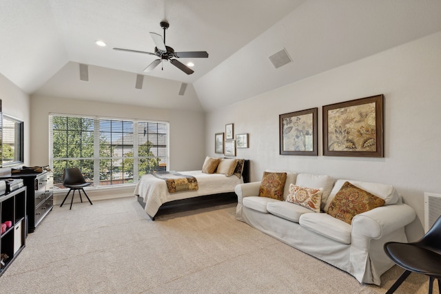 850 Long Valley Ct, Prosper, TX 75078 - bedroom with vaulted ceiling, light carpet, multiple windows, a ceiling fan, and recessed lighting