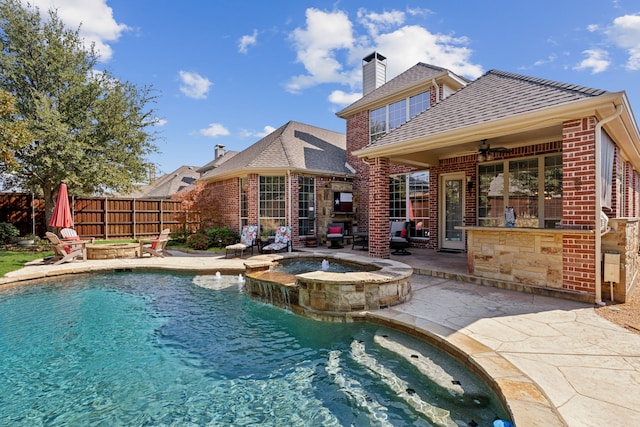 850 Long Valley Ct, Prosper, TX 75078 - view of swimming pool featuring an outdoor fire pit, a patio, fence, and ceiling fan